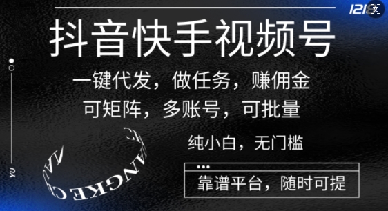 抖音和快手微信视频号一键代发货，接任务，手机赚钱，可引流矩阵，多账号，可大批量-缔造者